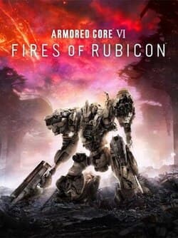 Cover art for Armored Core VI: Fires of Rubicon — a lone mech against a burning red sky.
