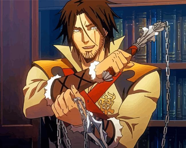 Trevor Belmont from the Castlevania animated series, holding his whip in a library.