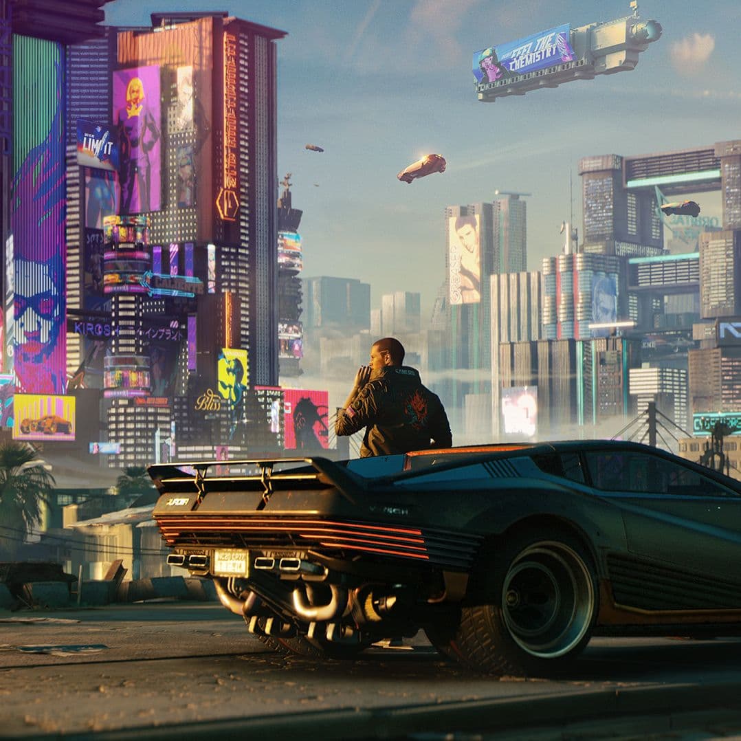 Cyberpunk 2077 key art — V standing next to their car overlooking the Night City skyline.