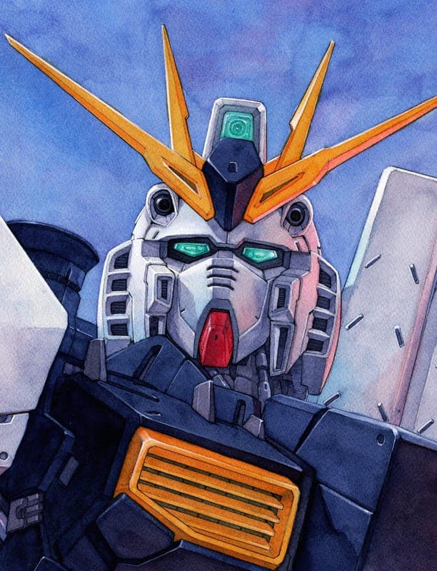 Watercolor bust of the RX-93 Nu Gundam, gold-tipped antennae against a blue sky.